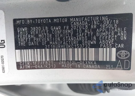 2019 Toyota Corolla Le из США, поврежденный, VIN 2T1BURHE0KC153732